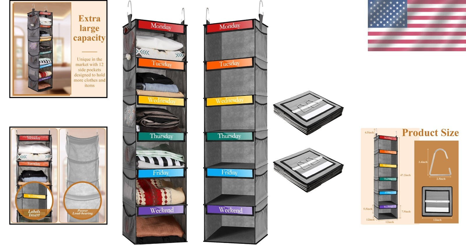 Durable Weekly Clothes Organizer - 2 Pack Hanging Design for Kid's Closet