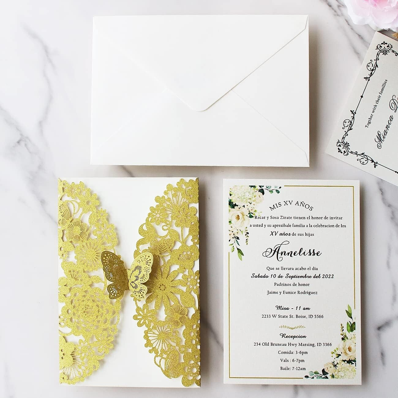 50 PCS Gold Laser Cut Lace Flora Wedding Invitations with Butterfly & Envelopes