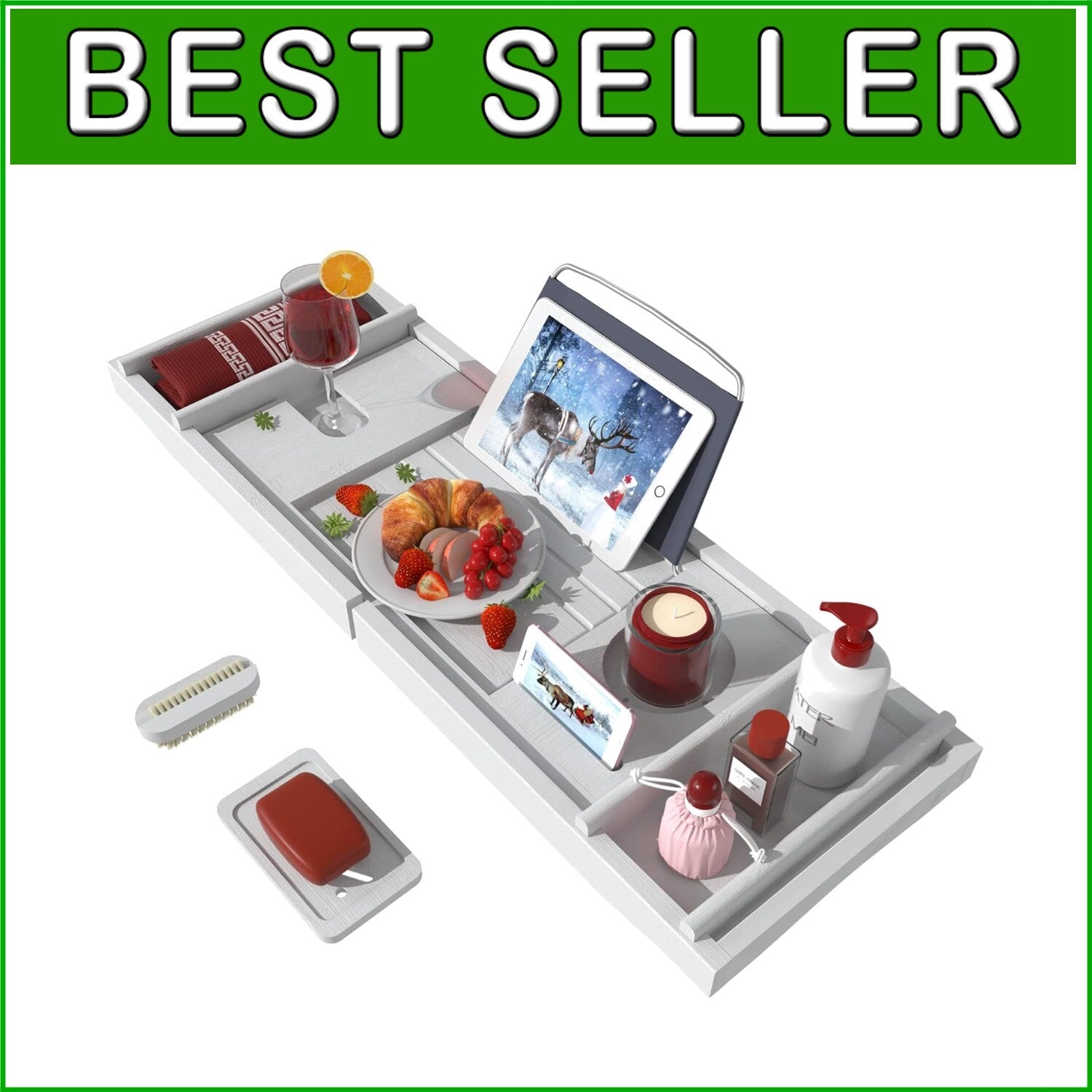 Expandable Bamboo Bathtub Caddy Tray - Elegant White Bath Table with Wine Holder