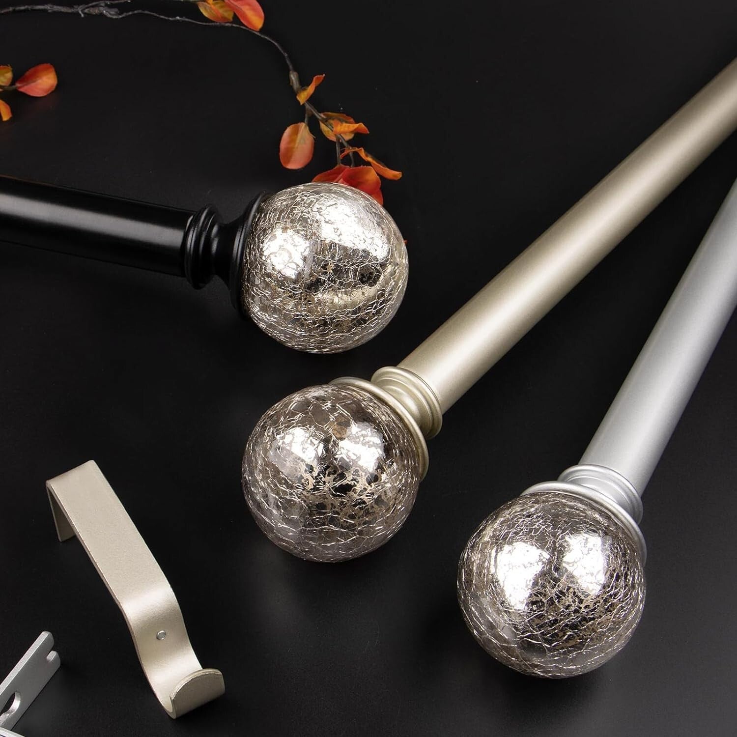 2-Pack Adjustable Curtain Rods 48-84 Inches, Champagne Gold with Crackle Finials