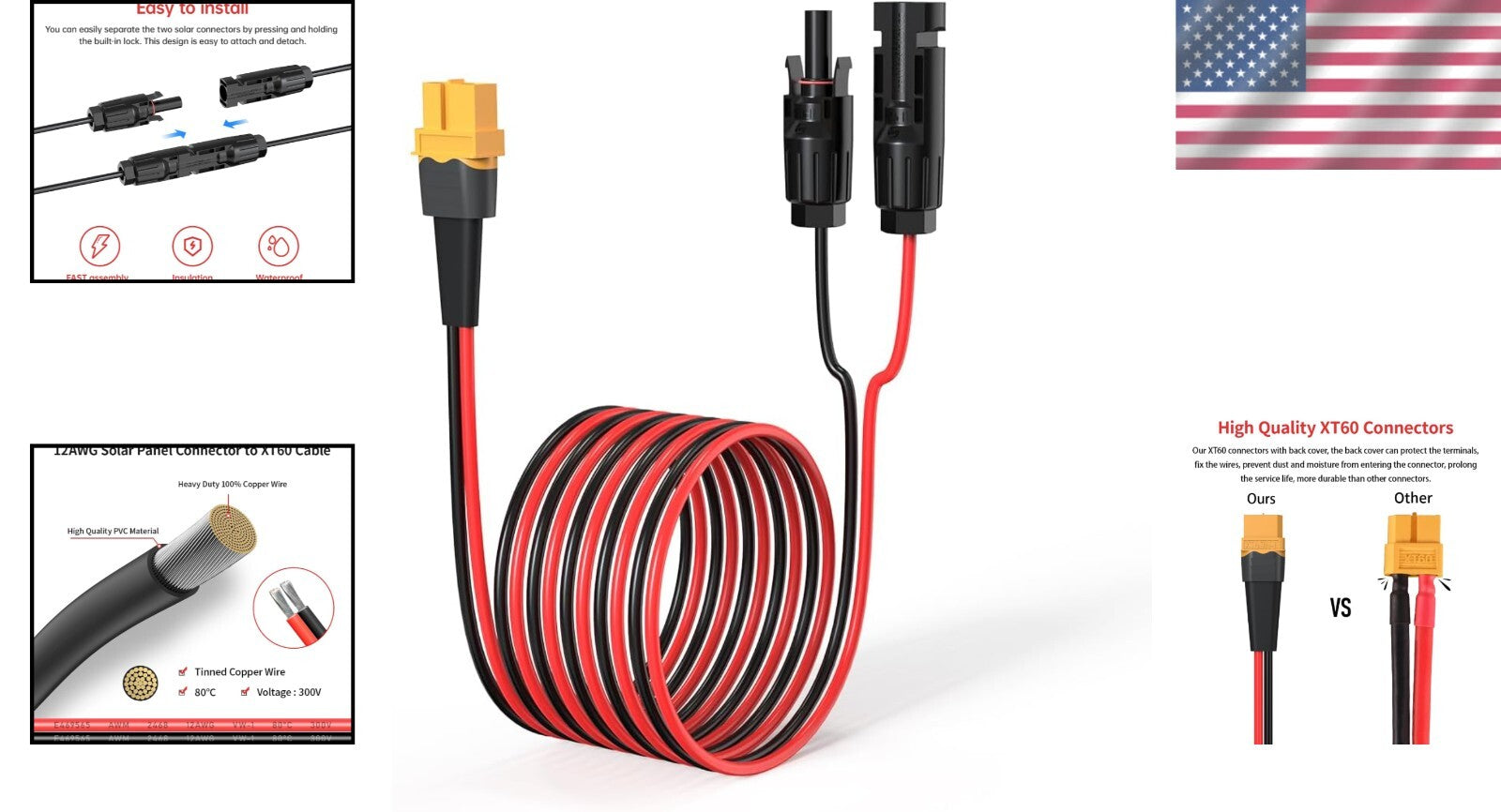 50FT XT60 Solar Extension Cable - Tinned Copper, Versatile for Power Stations