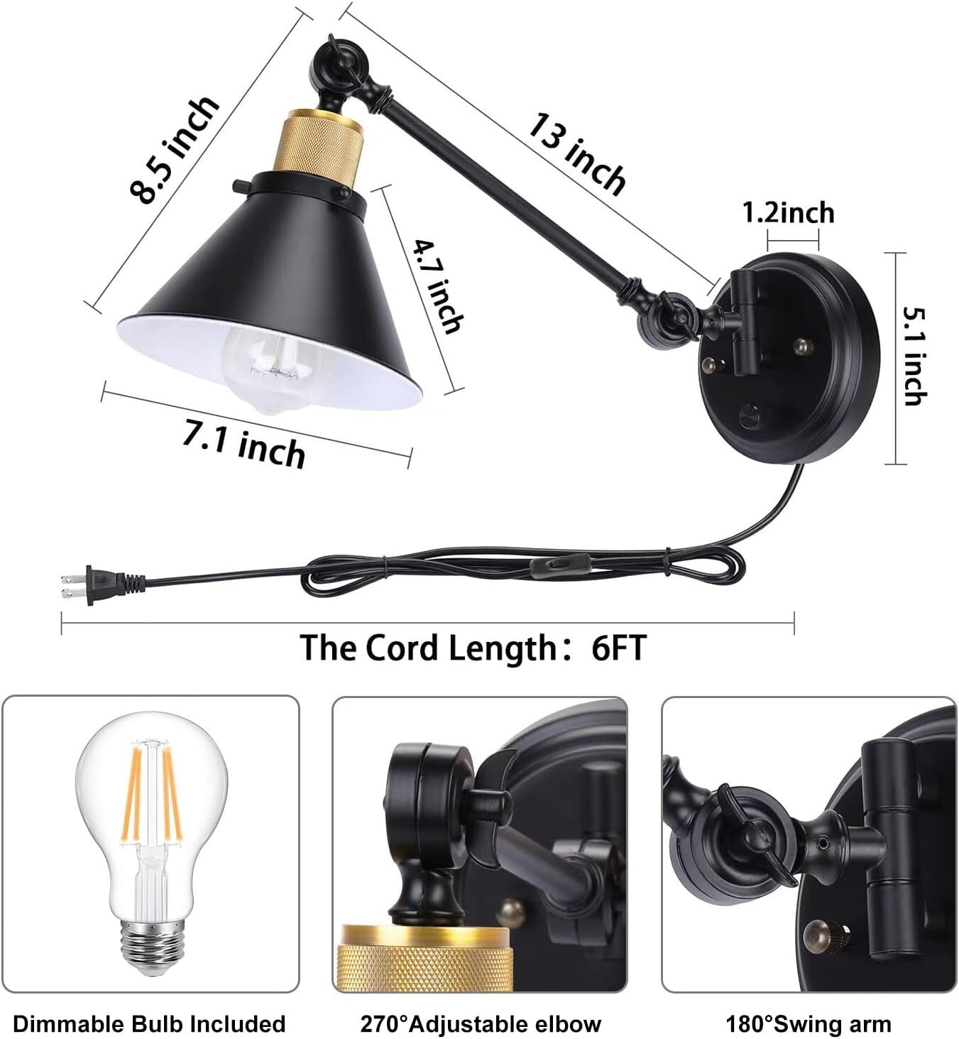 Elegant Dimmable Swing Arm Wall Sconce Set - UL Listed, 2 LED Bulbs Included
