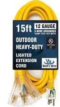 Load image into Gallery viewer, Weather-Resistant 15ft 12 Gauge Extension Cord with 3 Outlets - Lighted Design