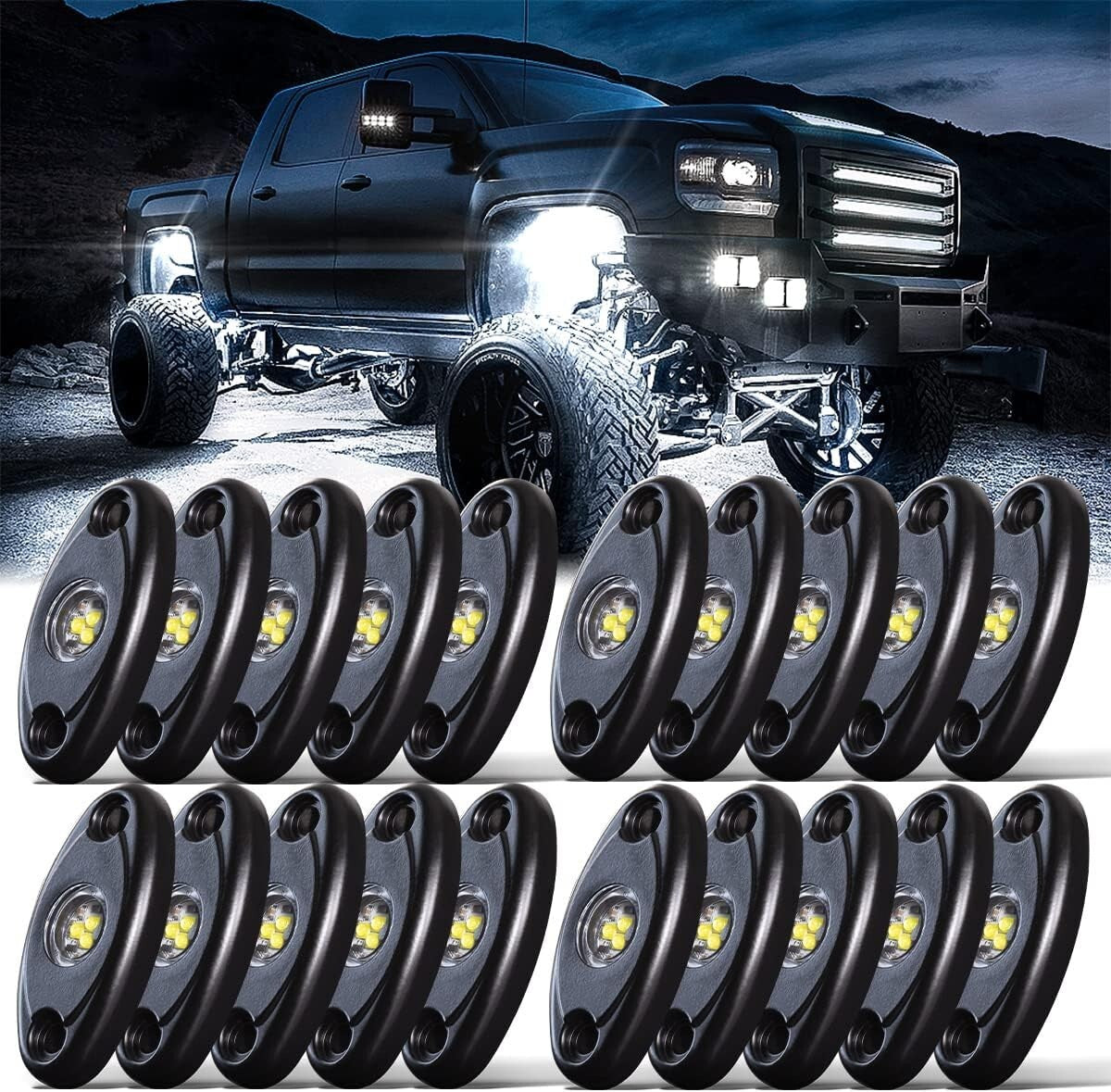 20-Pack Waterproof LED Rock Lights - High Power Pure White Underbody Lighting