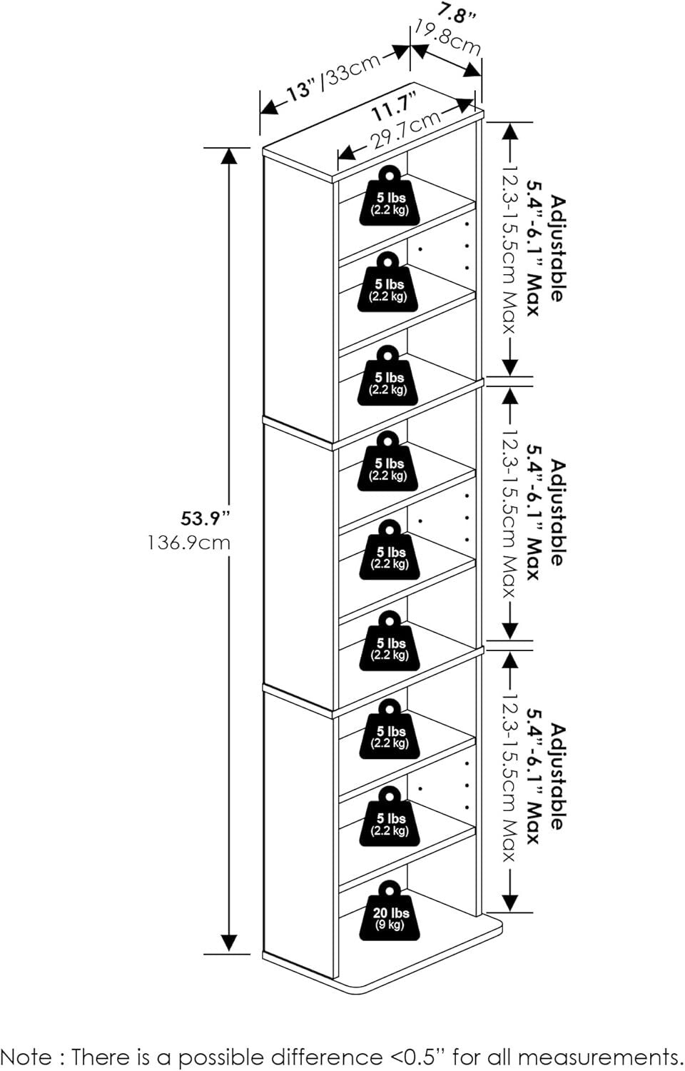 Durable Freestanding 9-Shelf Media Rack with Wall Mount Kit - Easy Assembly