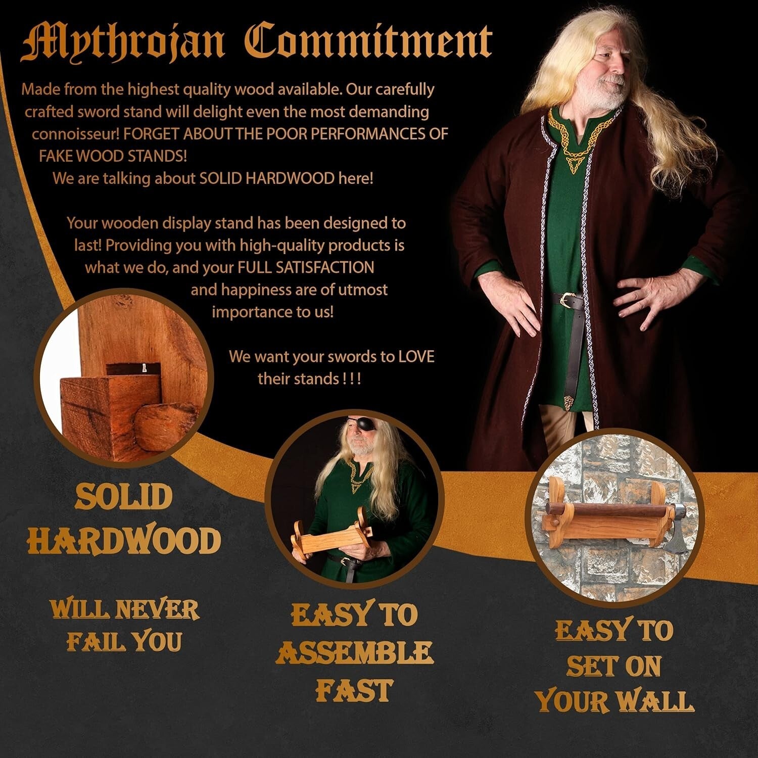 Handcrafted Acacia Wood Sword Display Stand, Wall Mount for Collectors 16" x 7"