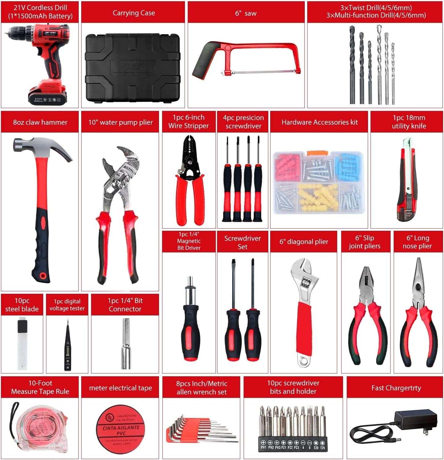 Fully Equipped 21V Cordless Drill Kit with 112-Piece Accessory Set for Home DIY