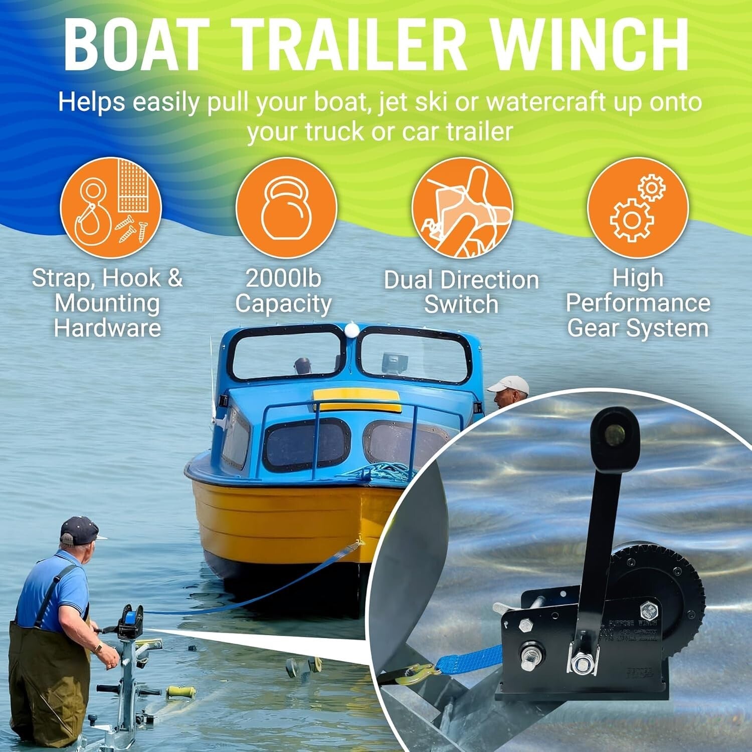 Versatile 2000 lbs Boat Winch - Manual Hand Crank with Premium Strap & Hook