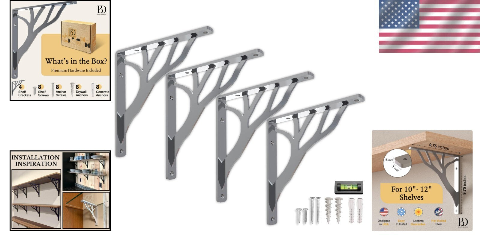 10-Inch Iron Metal Shelf Brackets - Chic Chrome Finish, Easy Mounting - Set of 4