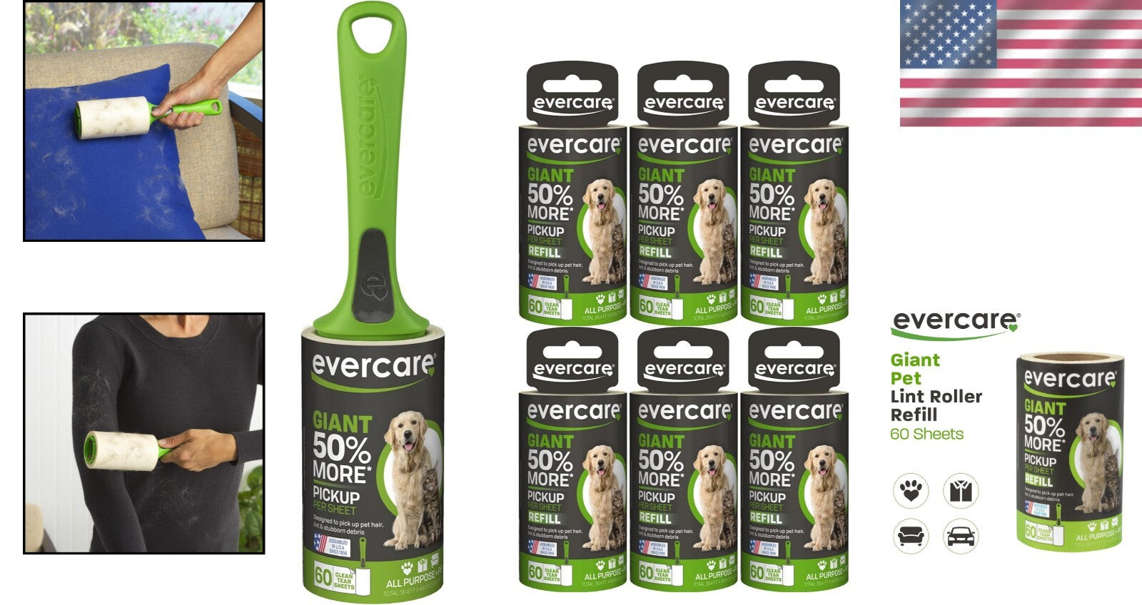 Eco-Friendly Giant Pet Roller 6-Pack REFILLS in Dark Green - Easy Hair Removal
