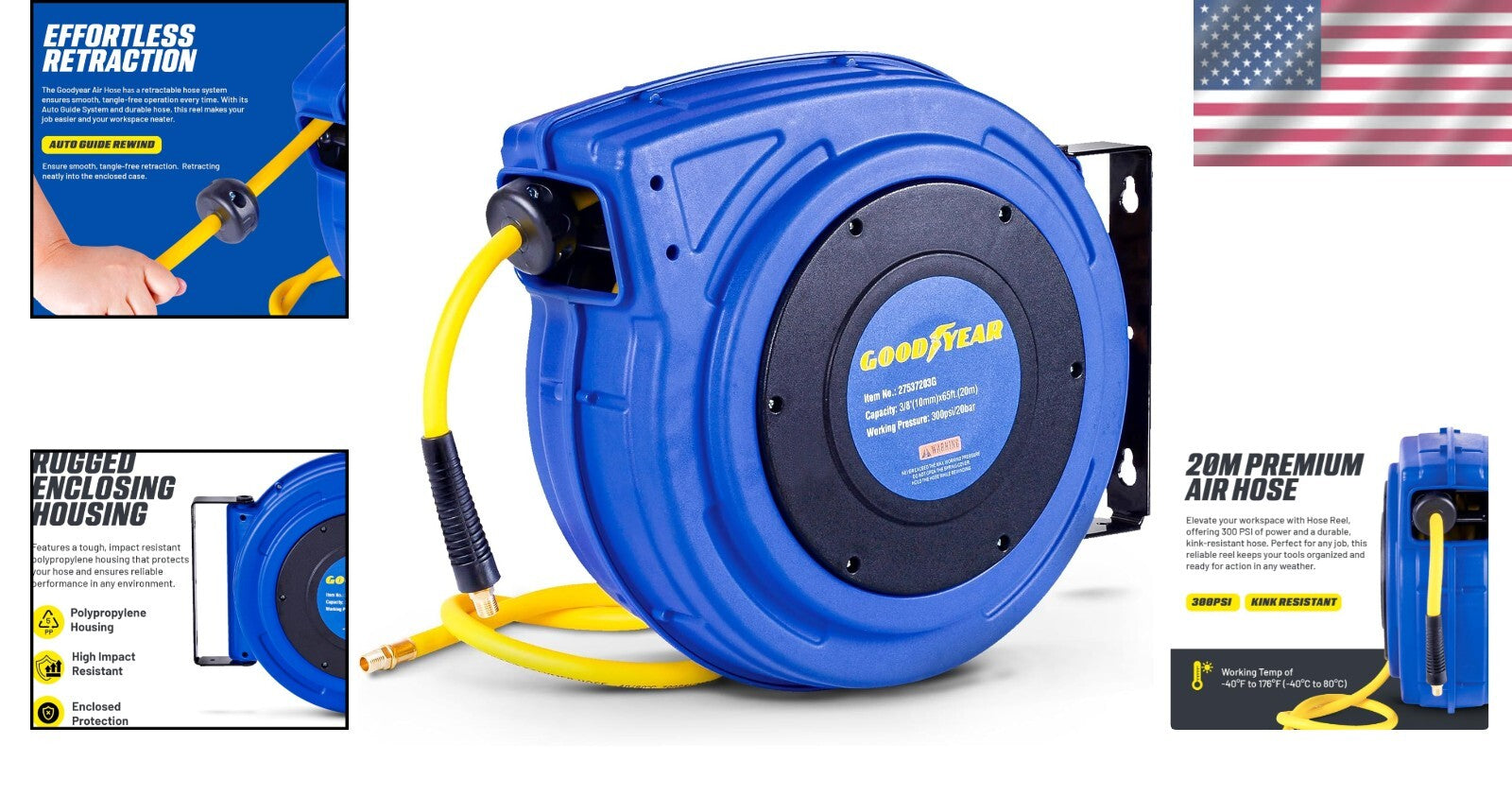 Durable 65' Air Hose Reel - Impact-Resistant Polypropylene with 300 PSI Pressure