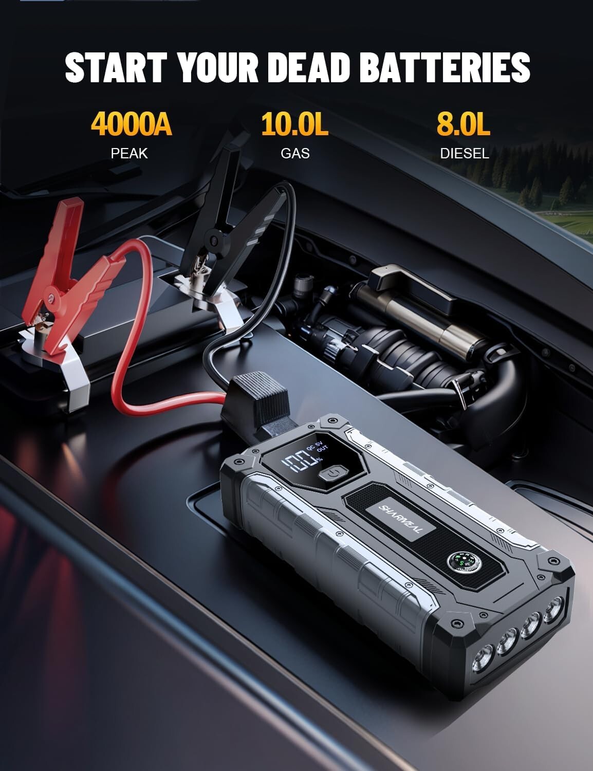 Robust 4000 Amp Jump Starter Pack with Integrated Safety Features & LED Light