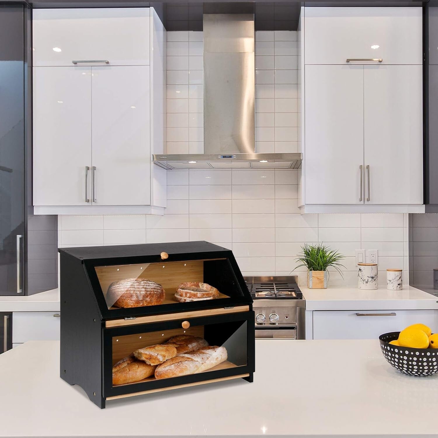 Elegant Black Bamboo Bread Box with Double Layers for Optimal Freshness