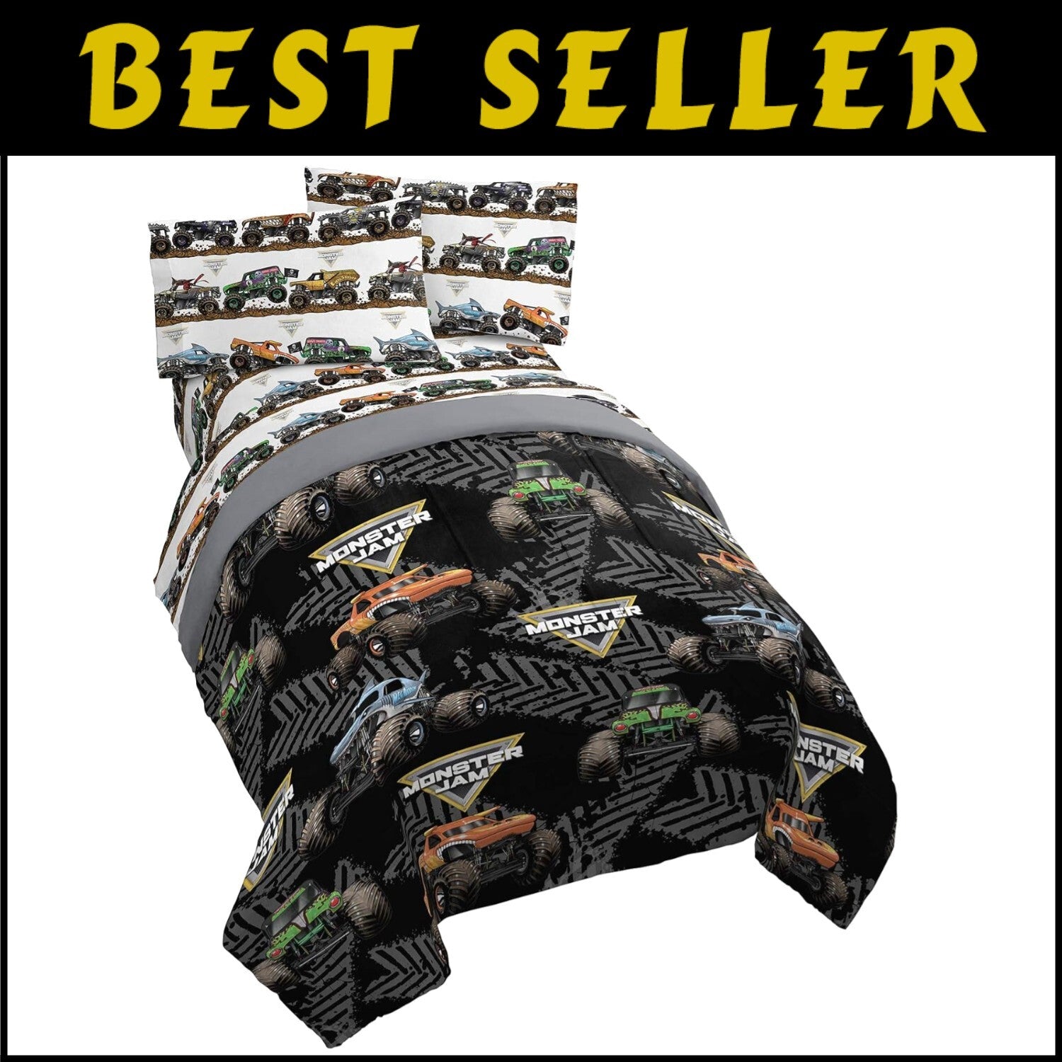 Exciting Monster Truck Full Bed Set - Comforter & Sheets for Kids’ Rooms