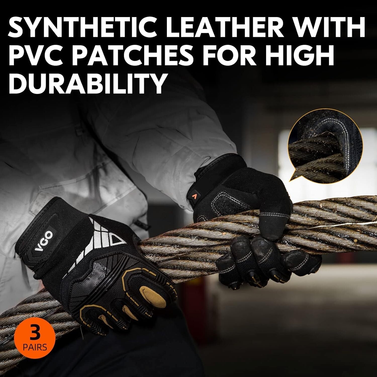 3-Pairs Heavy Duty Synthetic Leather Work Gloves - Impact Protection, Size S