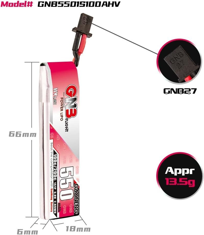 GNB 1S LiPo 6-Piece Set, 550mAh 3.8V Batteries for Racing Drones with Connectors