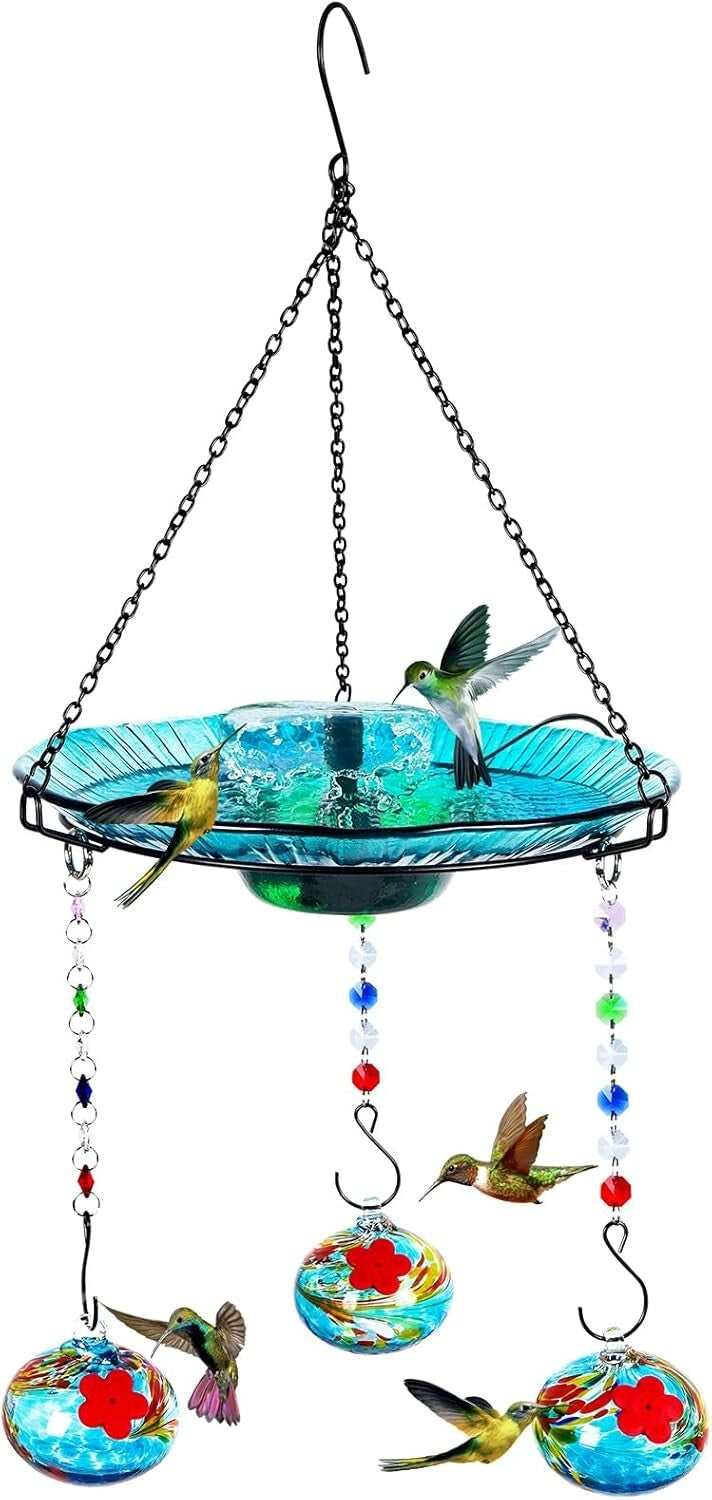 Luxury Hanging Bird Feeder and Bath for Hummingbirds - Solar Fountain Included