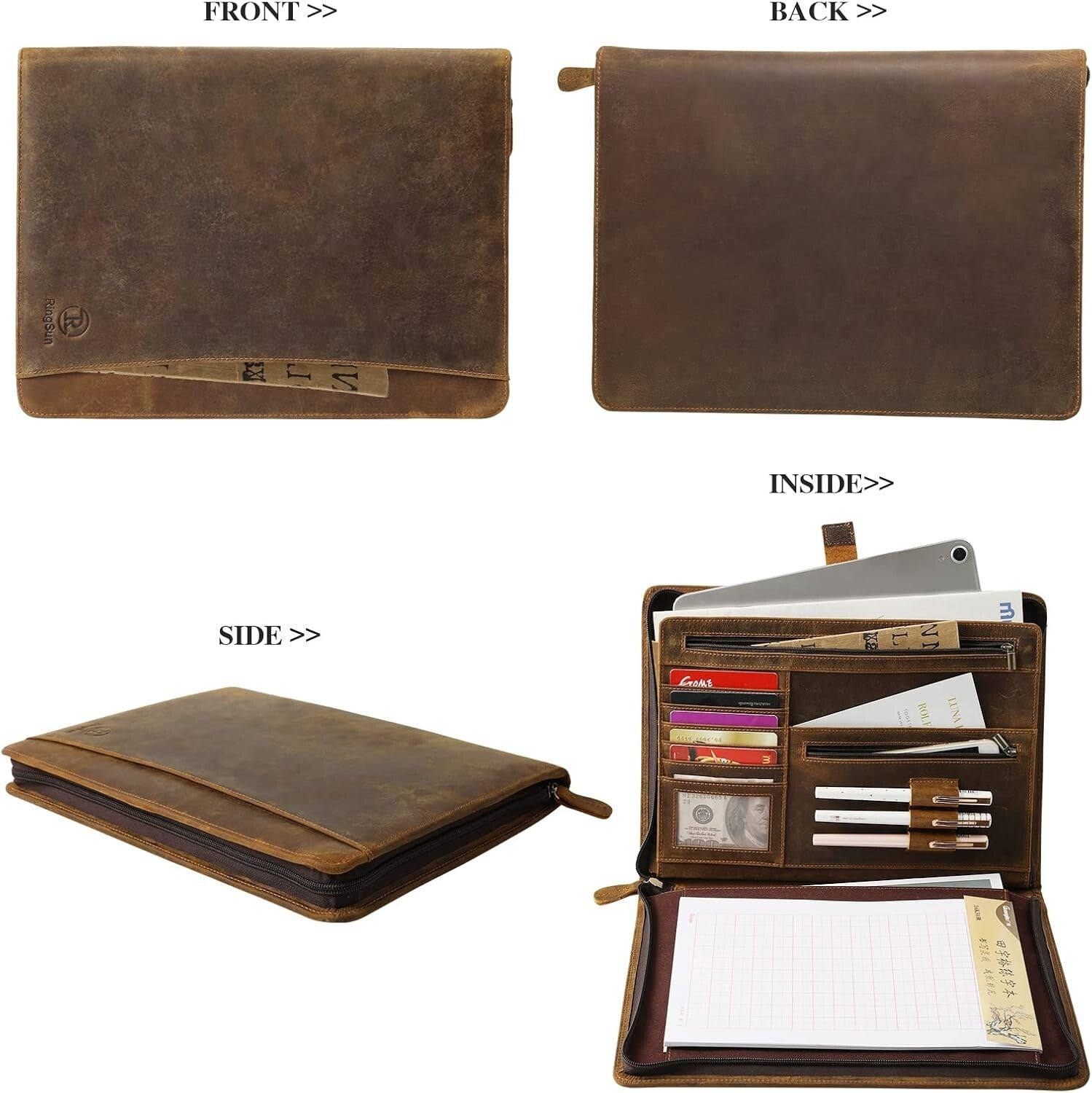 Luxury Full Grain Leather Zippered Portfolio Padfolio for Business Professionals