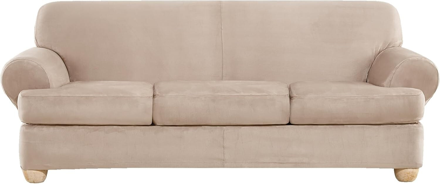 Adjustable Heavyweight Stretch Suede Slipcover in Cement - Cozy 3-Piece Set