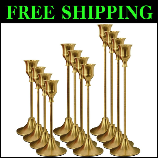 12-Piece Brass Gold Vintage Candlestick Holders for Weddings and Celebrations