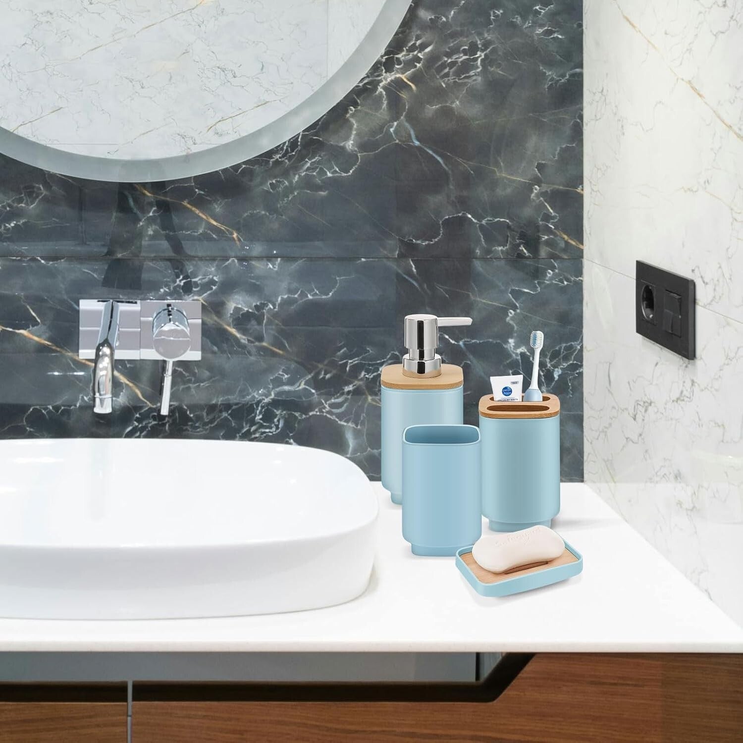 Elegant 24-Piece Navy Blue Bathroom Accessories Set with Shower Curtain & Tra...