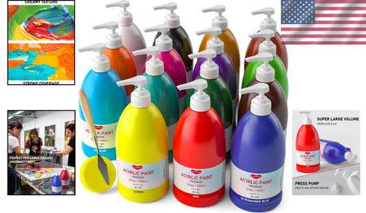 Large 33.8oz Acrylic Paint Set - 15 Water-Resistant Colors for Creative Projects