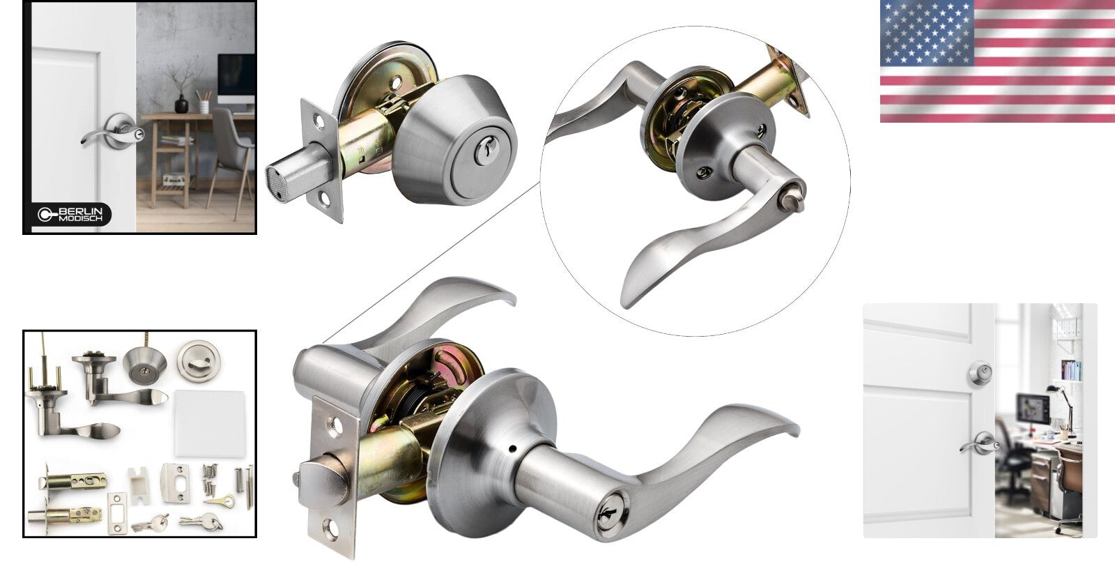 Alloy Steel Reversible Lever Handle & Adjustable Deadbolt Set in Satin Finish