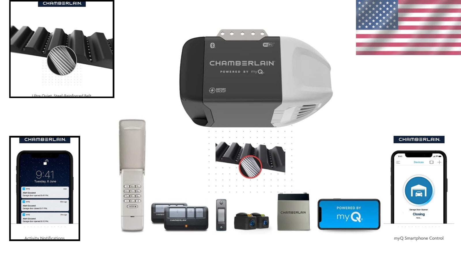 Smart Garage Door Opener with Battery Backup, Remote Control & Quiet Operation