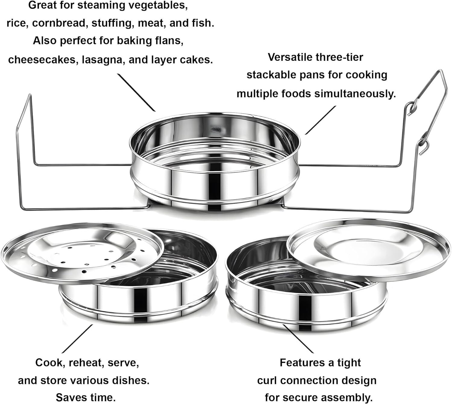3 Tier Stackable Stainless Steel Insert Pans for 6 Qt Instant Pot Cooking