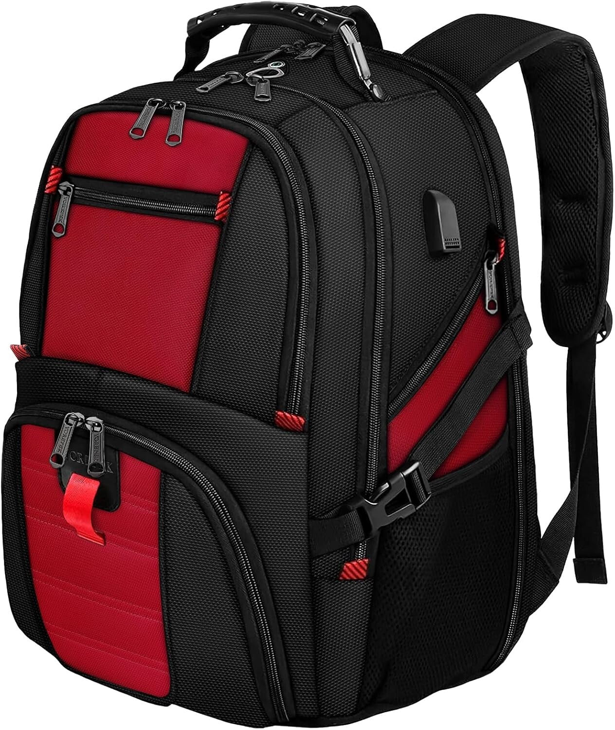 Extra Large 50L Water-Resistant Travel Laptop Backpack with USB Port, Bright Red