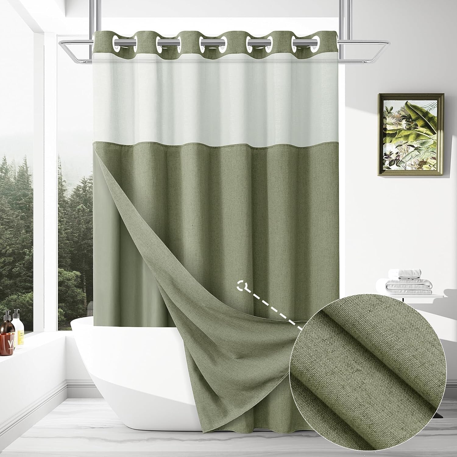 Chic Sage Green Shower Curtain 72x75 - No Hooks, Water-Repellent with Snap Liner