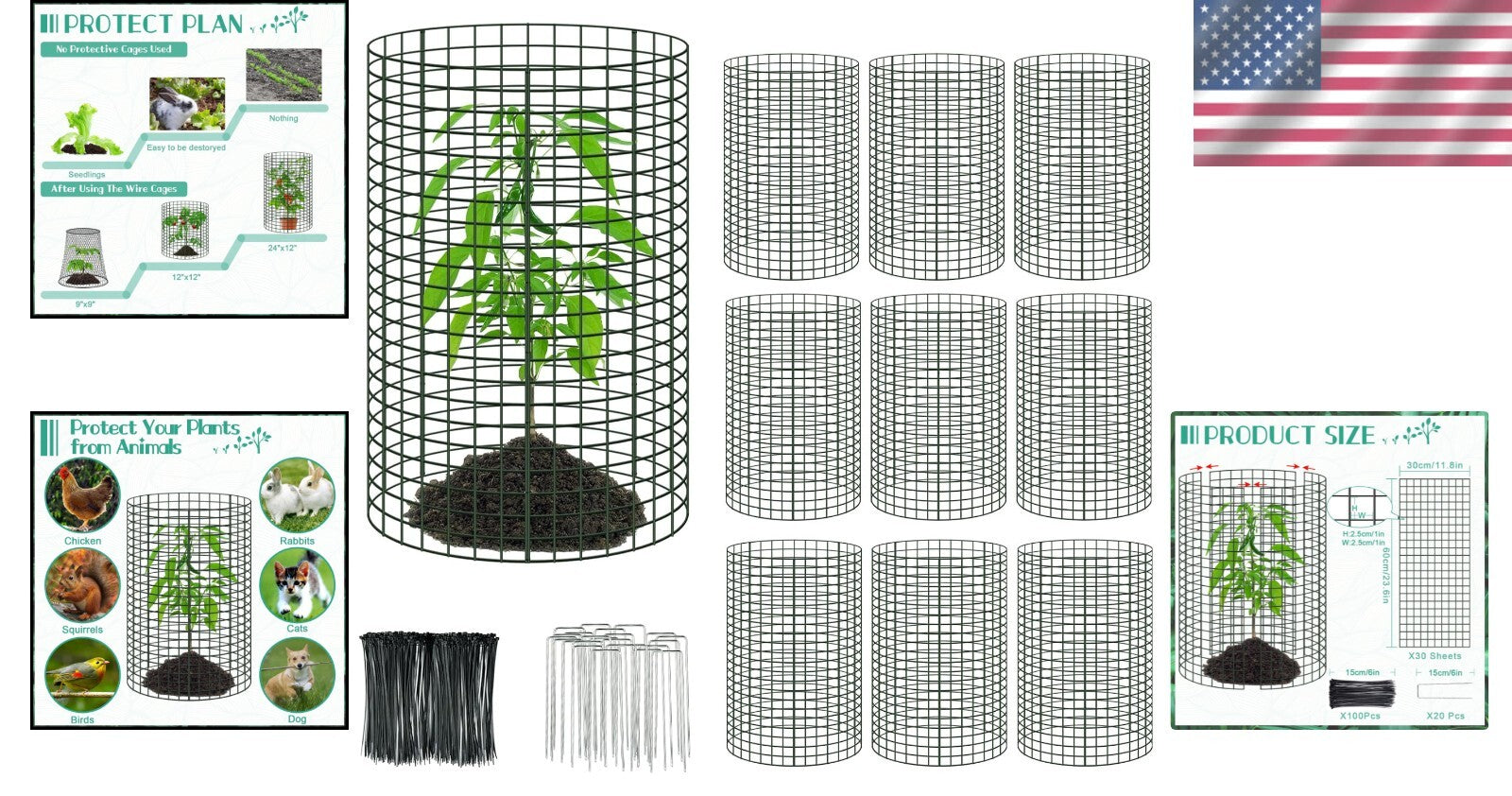 Comprehensive Plant Protection Set - 10 Oversized Wire Cages with Ground Stakes