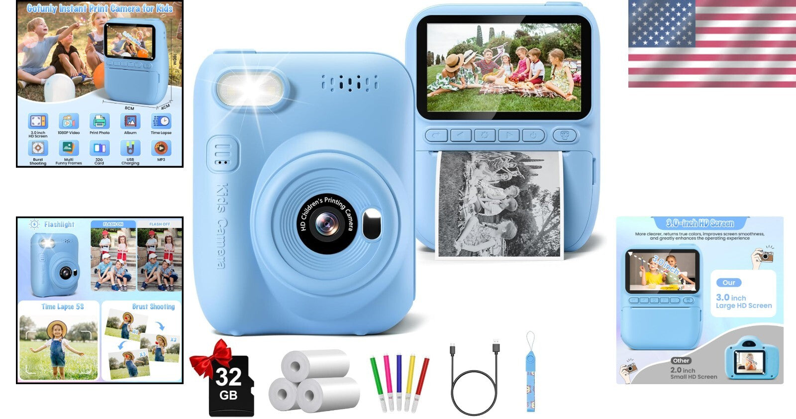 Exciting Instant Print Kids Camera with Built-in Flash & Color Pencils - Blue
