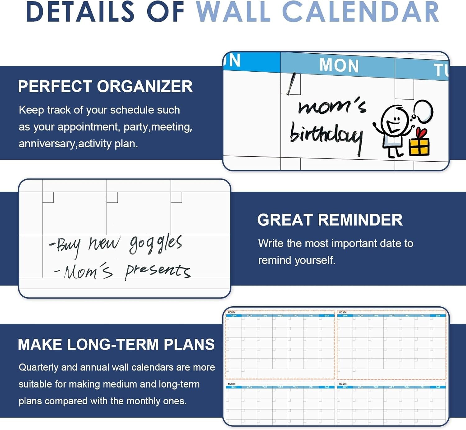 Durable Large Dry Erase Calendar Whiteboard with Magnetic Surface for All Spaces