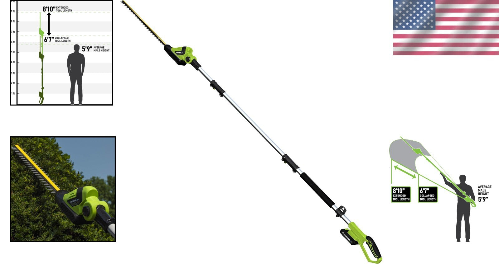 Efficient 20-Inch Pole Hedge Trimmer - Cordless Battery Power & 2-Year Warranty