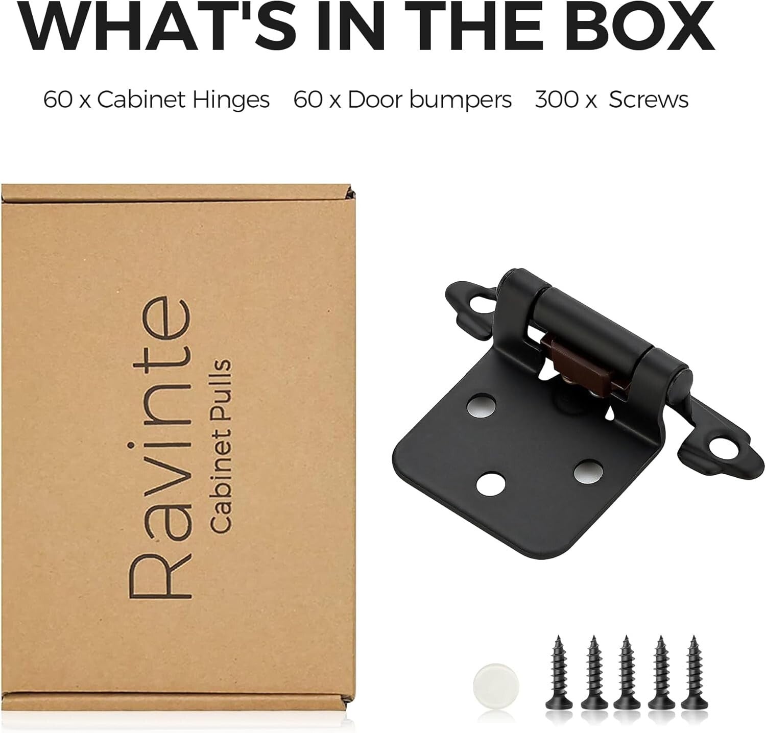 Durable 60 Pack of 1/2" Overlay Black Cabinet Hinges with Quiet Closing Bumpers