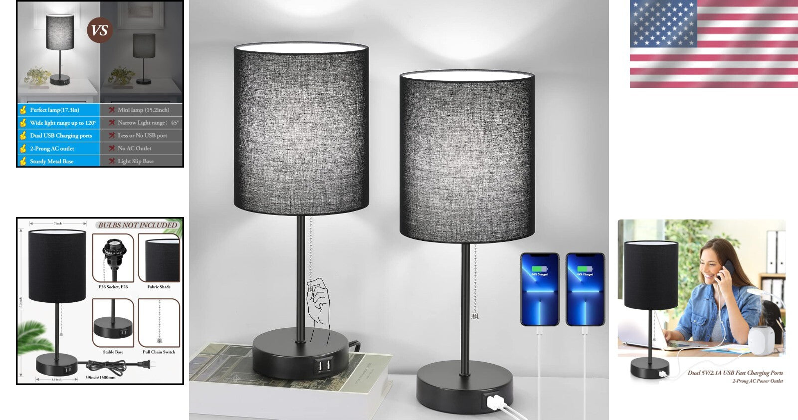 Contemporary Black Table Lamps Set with AC Outlet & Fabric Shade for Ambiance