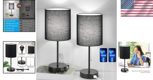 Contemporary Black Table Lamps Set with AC Outlet & Fabric Shade for Ambiance