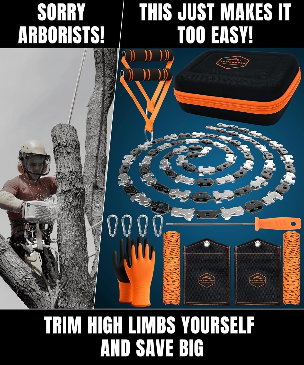 Effortless 53-Inch Rope Saw for Easy Tree Limb Cutting - Includes Case & Gloves