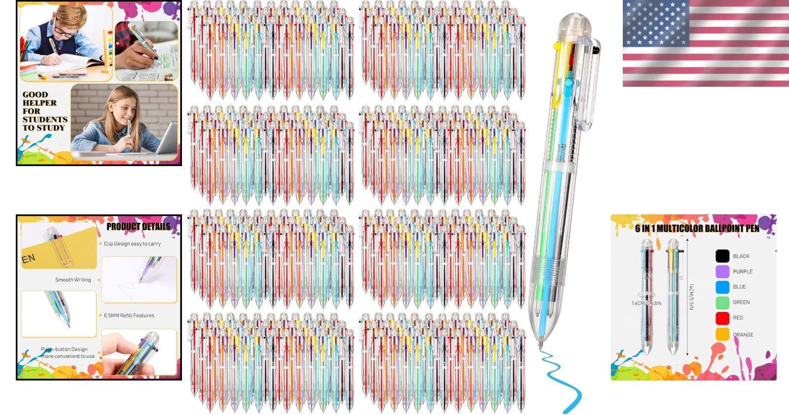 150-Piece 6-in-1 Multicolor Retractable Ballpoint Pens - Fun for School & Office