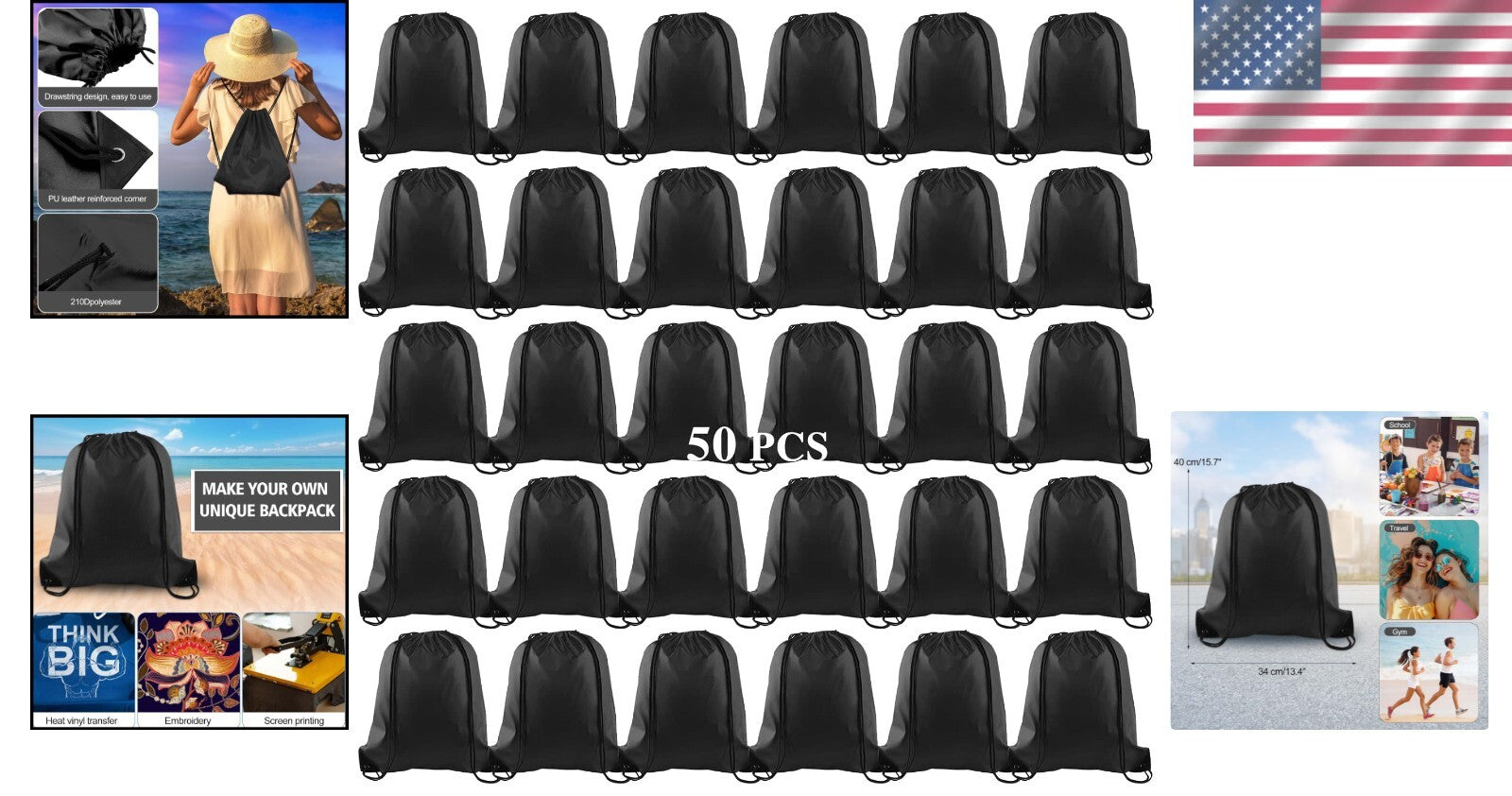 Durable 50 Pcs Black Drawstring Backpack Bulk - Perfect for Gym & Outdoor Fun