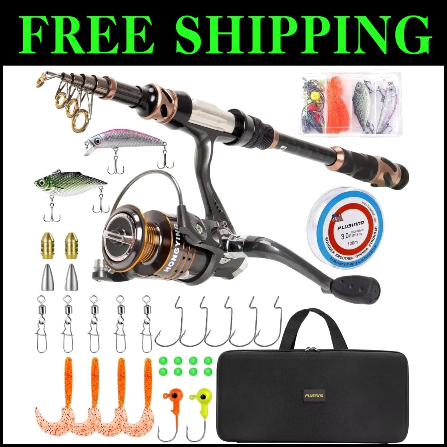 Professional Carbon Fiber Fishing Rod & Reel - 12+1 Bearings, Complete Kit Case!