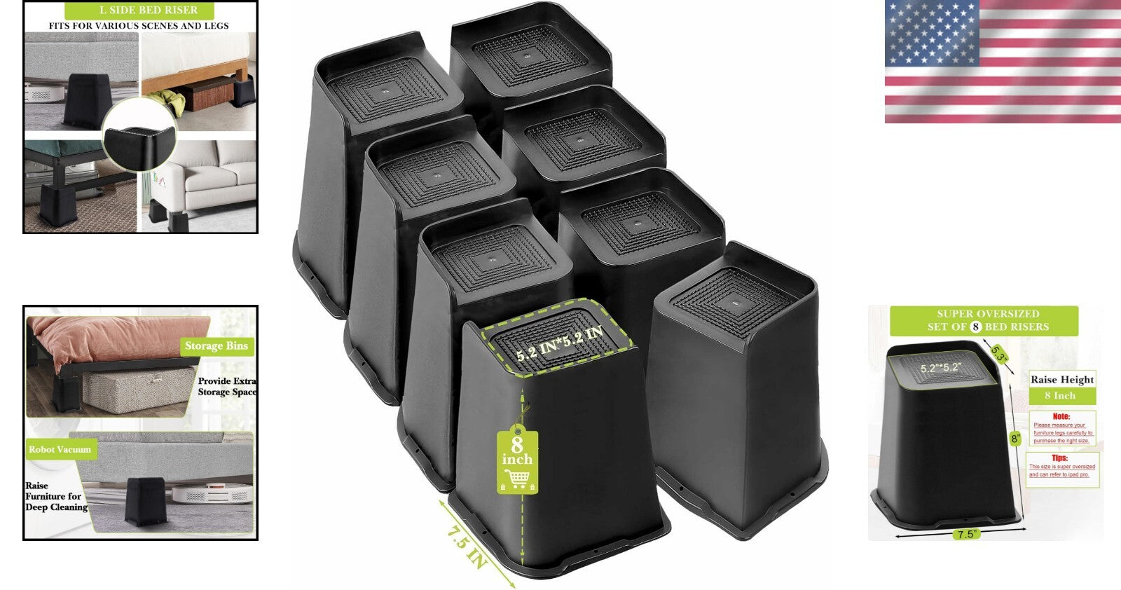Sturdy Bed Risers 8 Inch Heavy Duty – Ideal Lift for Furniture & Storage Space