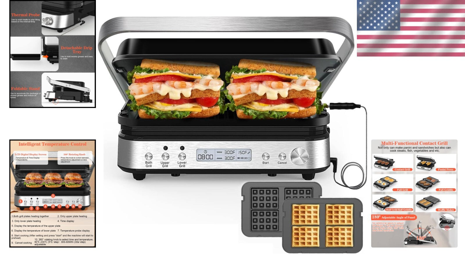 Indoor Cooking Made Easy: 6-in-1 Grill with Nonstick Plates & Meat Thermometer