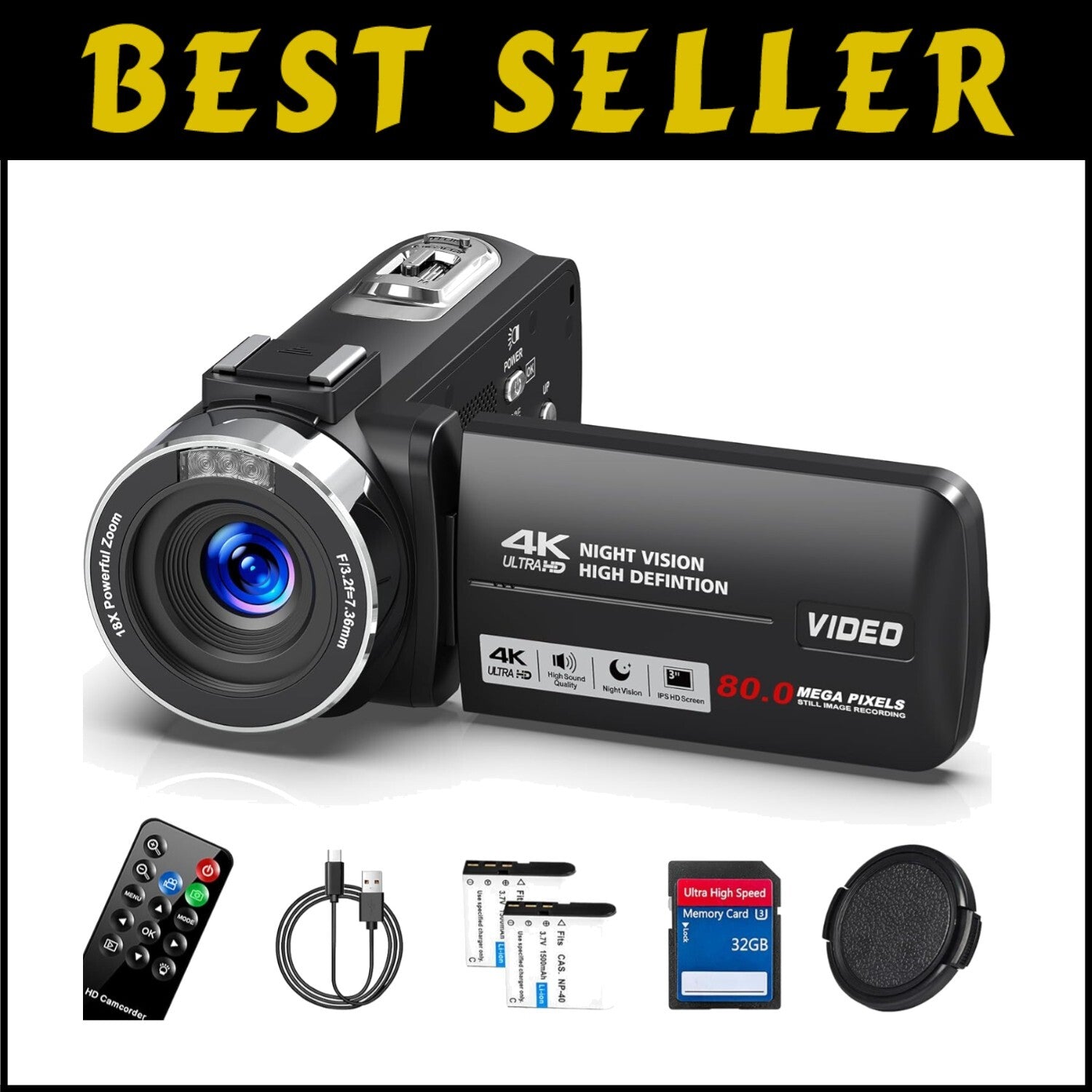 Compact 4K Video Camera with IR Night Vision & 2 Batteries for Content Creation