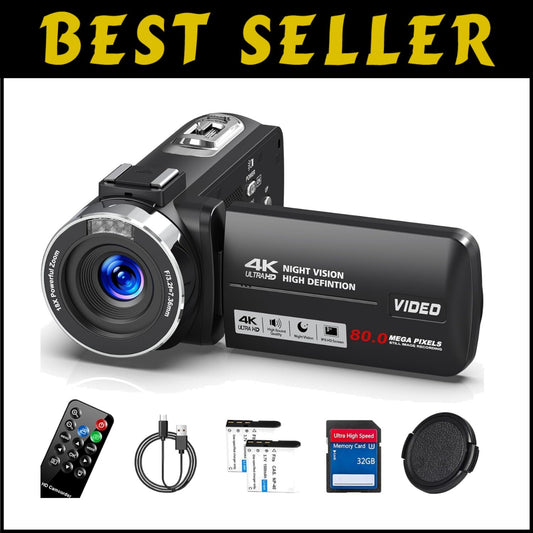 Compact 4K Video Camera with IR Night Vision & 2 Batteries for Content Creation