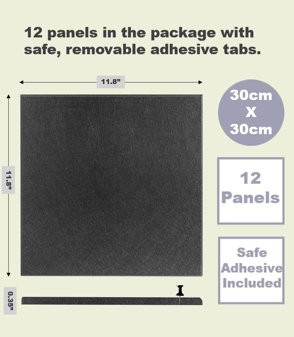 Eco-Friendly Black Cork Board Set – 12 Premium Felt Wall Panels with Adhesive