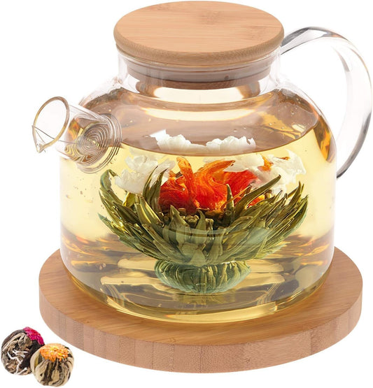 Elegant 40oz Borosilicate Glass Teapot with Bamboo Lid & Blooming Tea Gift Set
