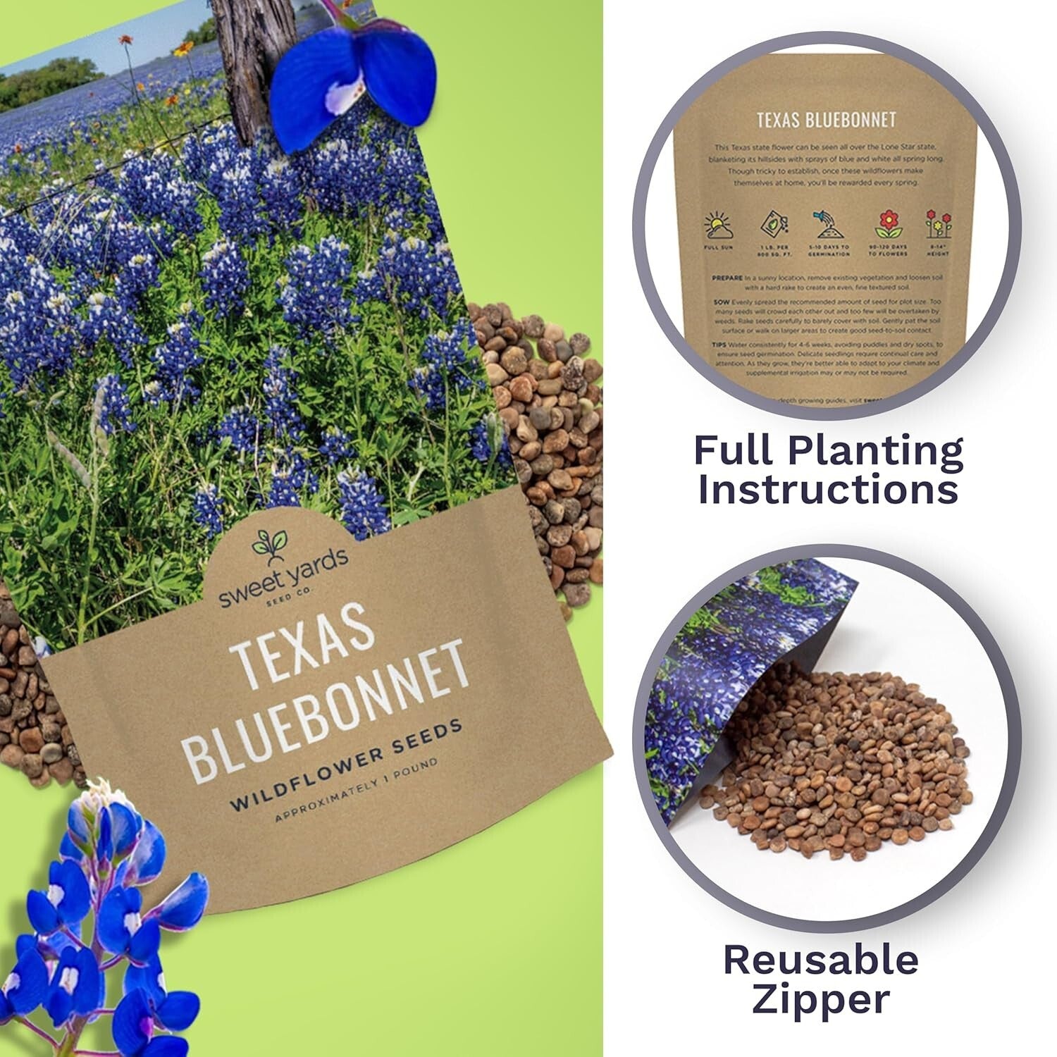 Guaranteed Growth 1 lb Texas Bluebonnet Wildflower Seeds - Perfect Garden Gift