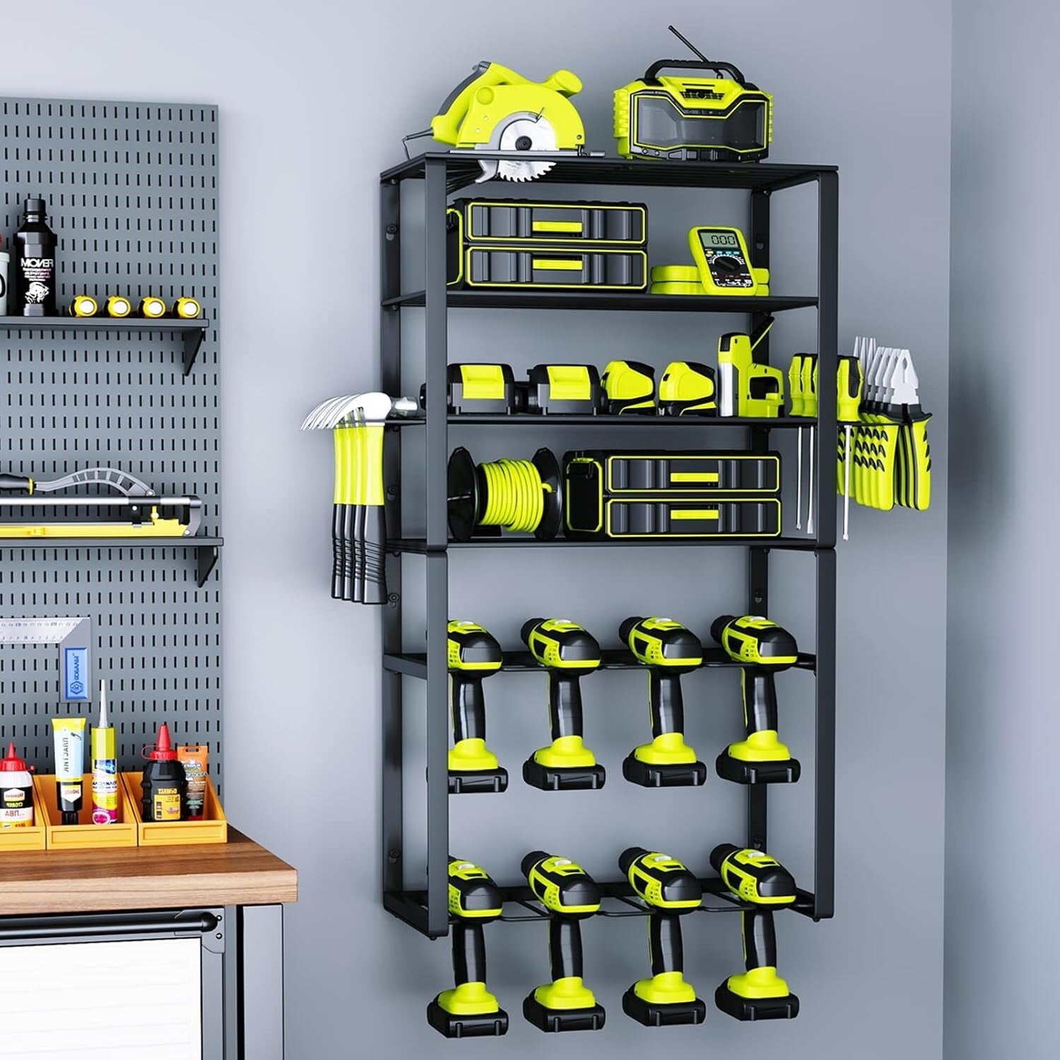 8 Drill Holder Garage Tool Rack - 6-Layer Carbon Steel Storage Shelf for Tools